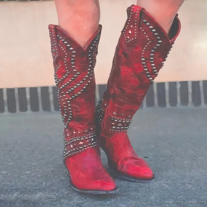 Stylish Studded Knee High Boot for Women with Pointed Toe Block Heel Western Style
