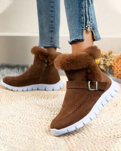 Warm Grey Snow Boots for Women with Plush Trim Buckle Pull On Winter Snowproof Style