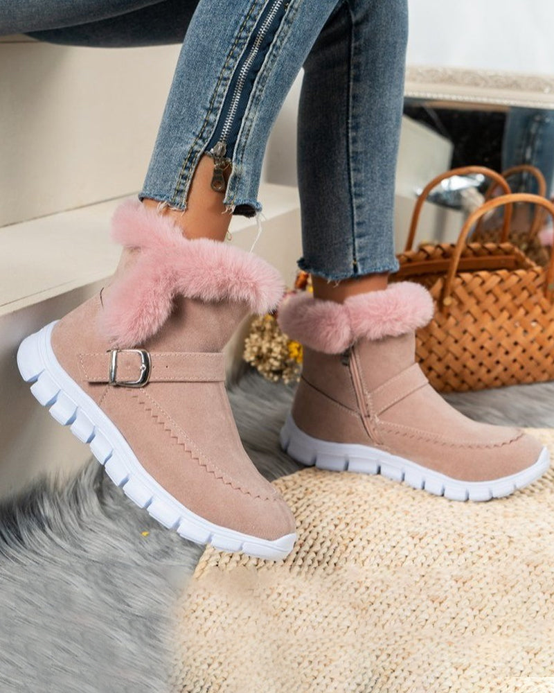 Warm Grey Snow Boots for Women with Plush Trim Buckle Pull On Winter Snowproof Style