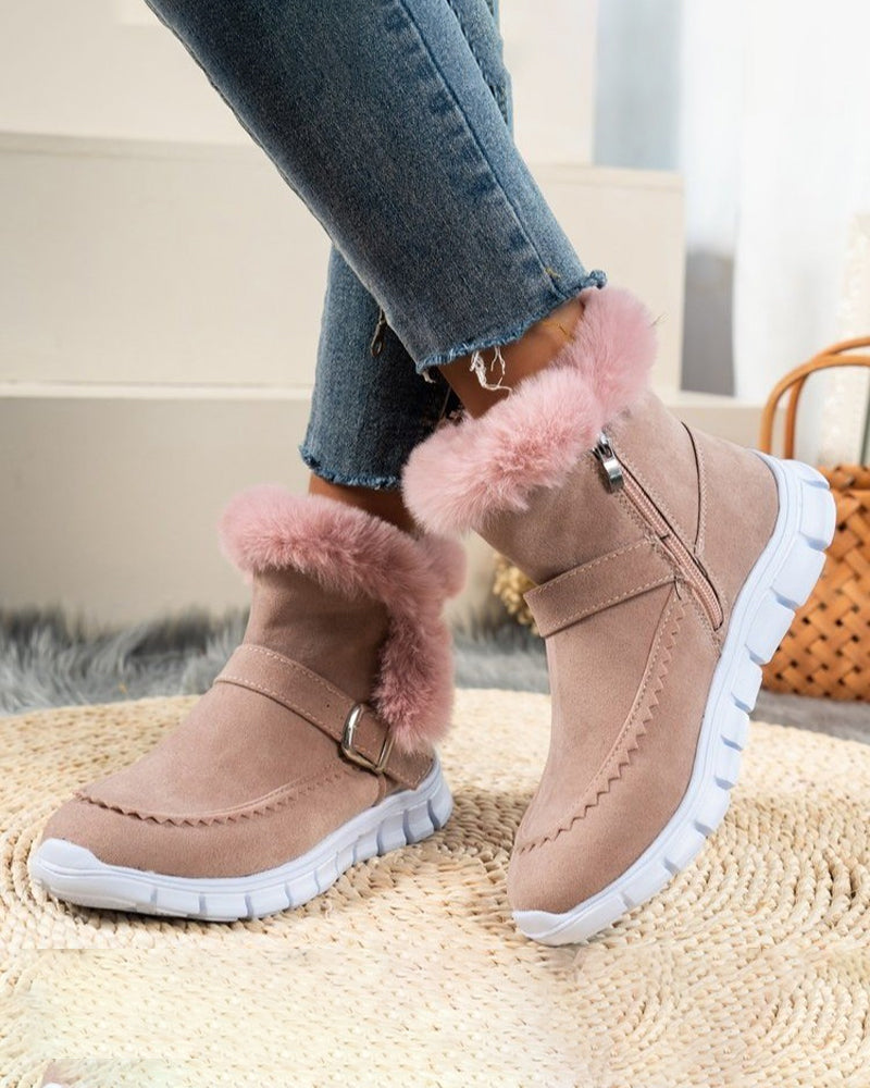 Warm Grey Snow Boots for Women with Plush Trim Buckle Pull On Winter Snowproof Style