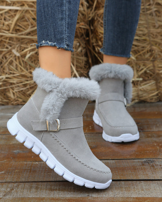 Warm Grey Snow Boots for Women with Plush Trim Buckle Pull On Winter Snowproof Style