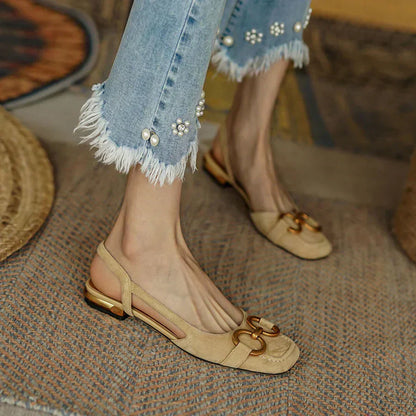 Elegant Suede Slingback Flat for Women with Square Toe Chain Buckle Low Block Heel Style