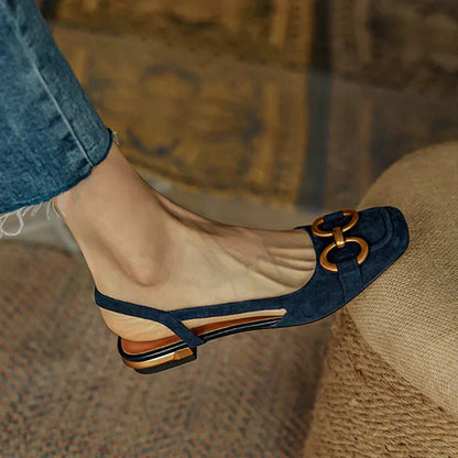 Elegant Suede Slingback Flat for Women with Square Toe Chain Buckle Low Block Heel Style