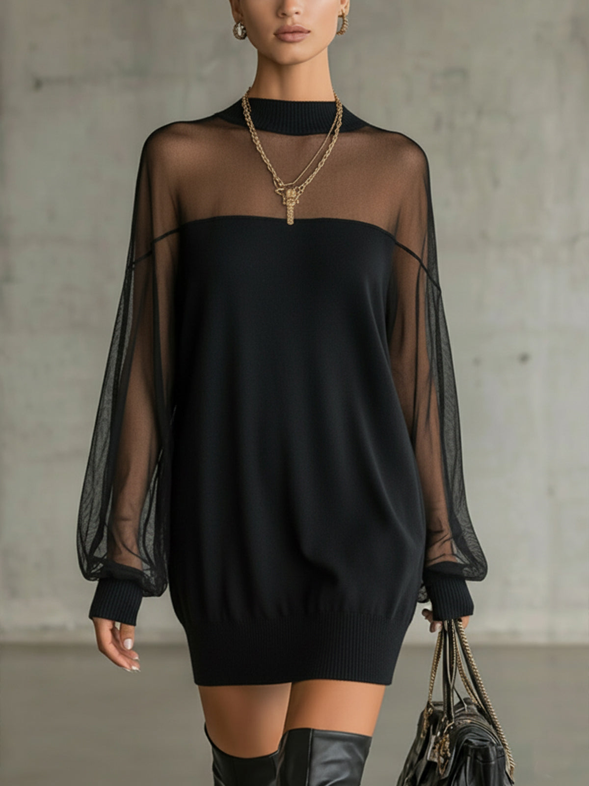Elegant Black Mesh Sleeve Mini Dress for Women with Mock Neck Long Sleeve Ribbed Knit Bodycon Style