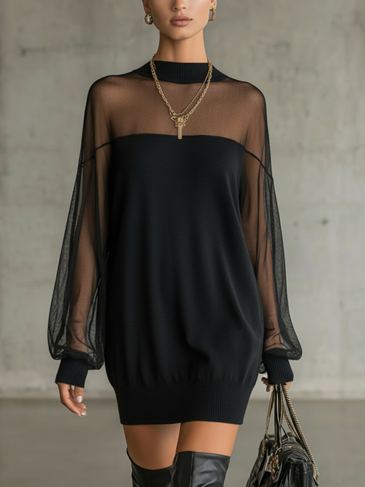 Elegant Black Mesh Sleeve Mini Dress for Women with Mock Neck Long Sleeve Ribbed Knit Bodycon Style