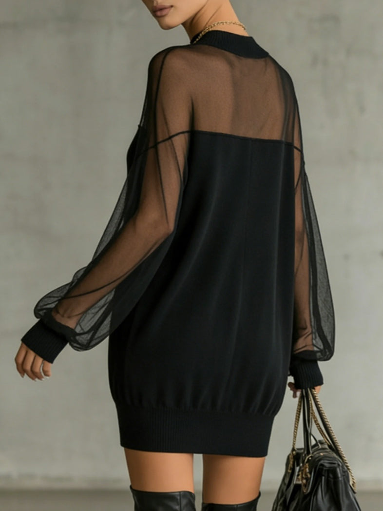 Elegant Black Mesh Sleeve Mini Dress for Women with Mock Neck Long Sleeve Ribbed Knit Bodycon Style