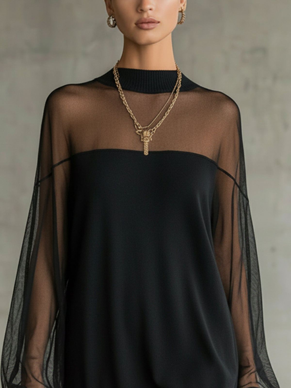 Elegant Black Mesh Sleeve Mini Dress for Women with Mock Neck Long Sleeve Ribbed Knit Bodycon Style