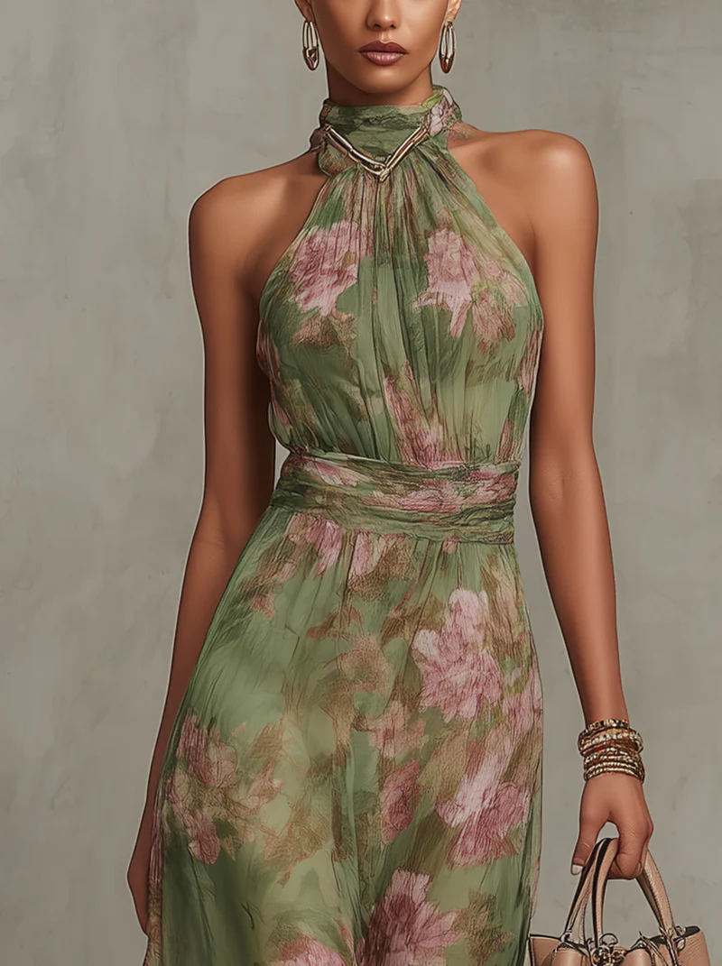 Elegant Green Floral Maxi Dress for Women with Halter Neck Sleeveless Ruched Flowing Wedding Guest Style