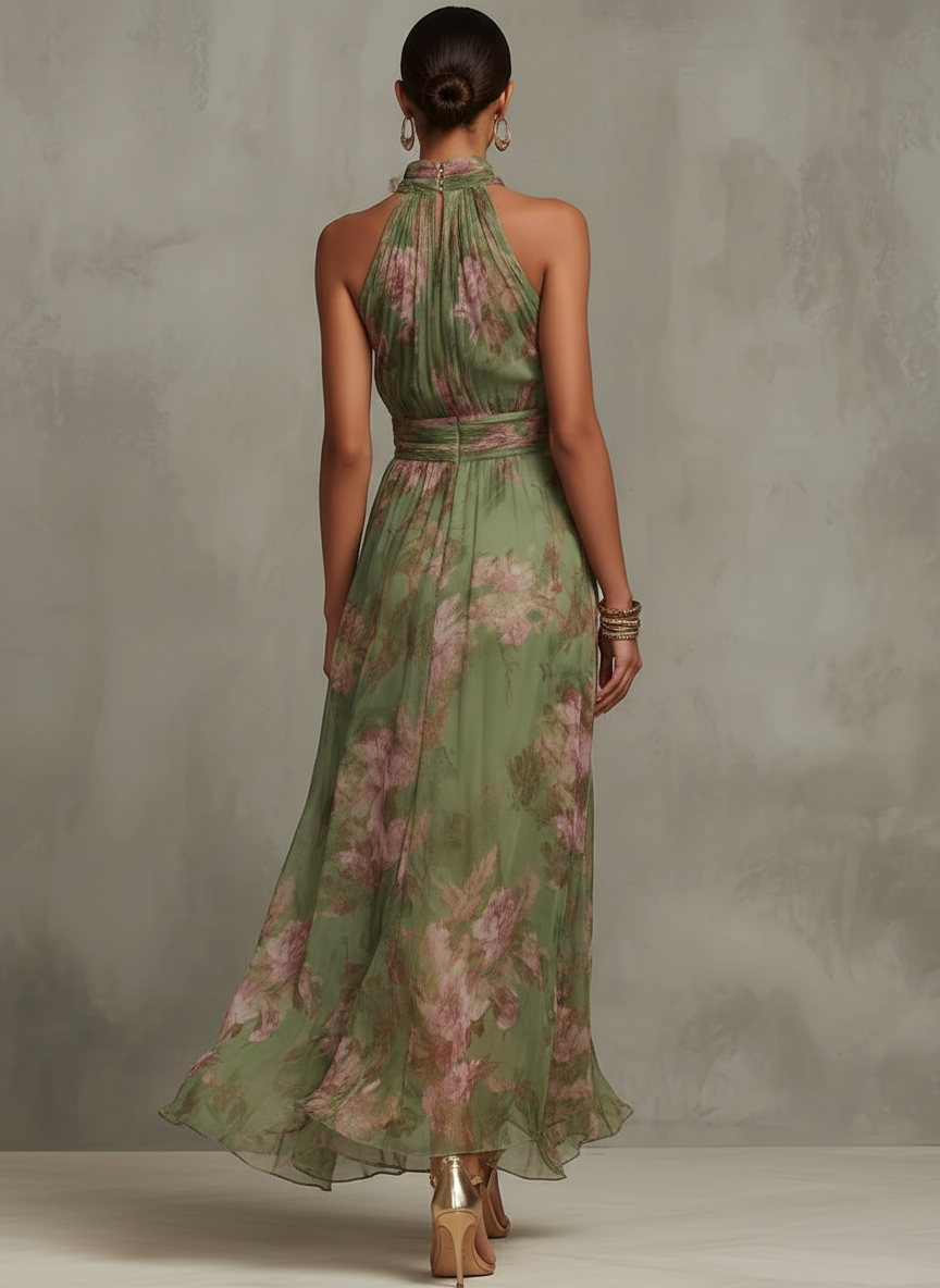 Elegant Green Floral Maxi Dress for Women with Halter Neck Ruched Waist Flowing Wedding Guest Style