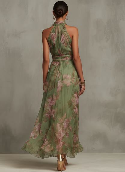 Elegant Green Floral Maxi Dress for Women with Halter Neck Ruched Waist Flowing Wedding Guest Style