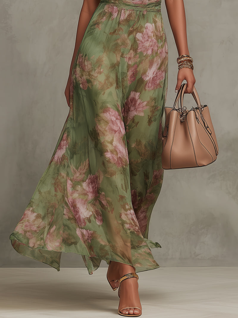 Elegant Green Floral Maxi Dress for Women with Halter Neck Ruched Waist Flowing Wedding Guest Style