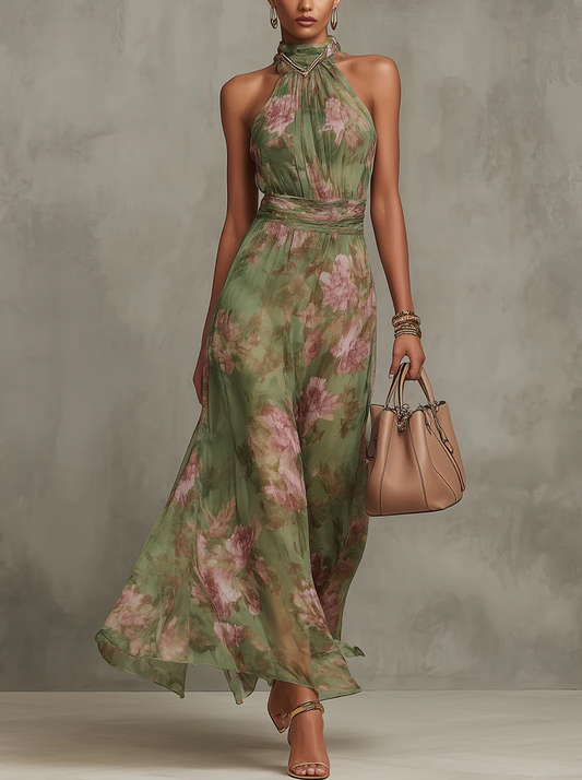 Elegant Green Floral Maxi Dress for Women with Halter Neck Sleeveless Ruched Flowing Wedding Guest Style