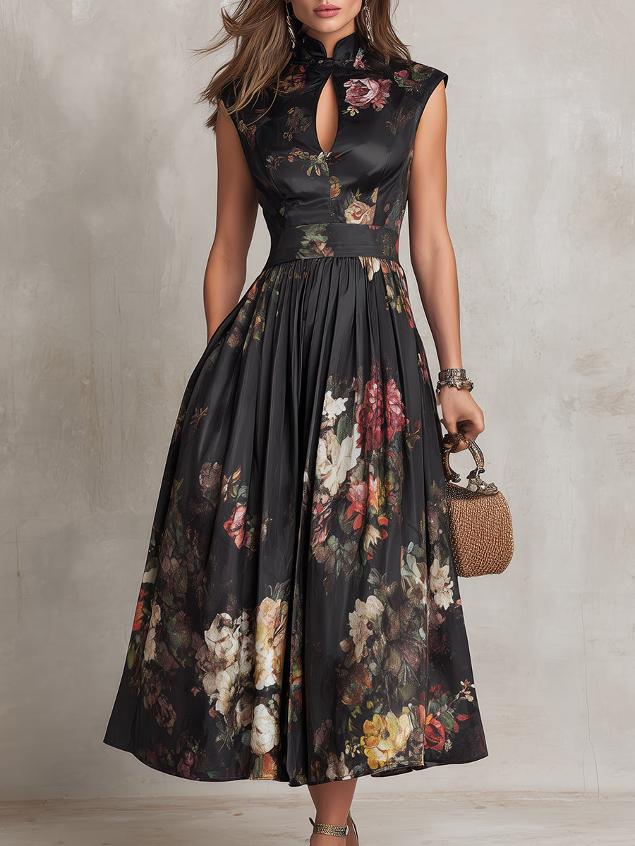 Elegant Black Floral Satin Midi Dress for Women with Mock Neck Cap Sleeve Keyhole Fit and Flare Style