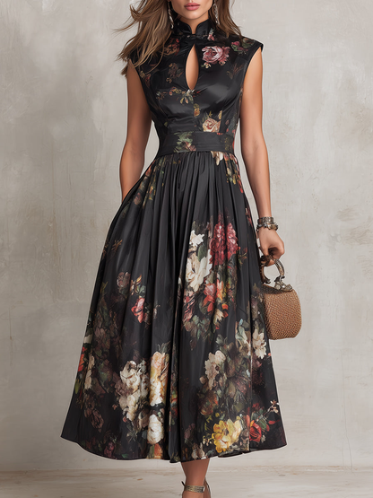 Elegant Black Floral Satin Midi Dress for Women with High Neck Keyhole Cap Sleeve Pleated Flowing Style