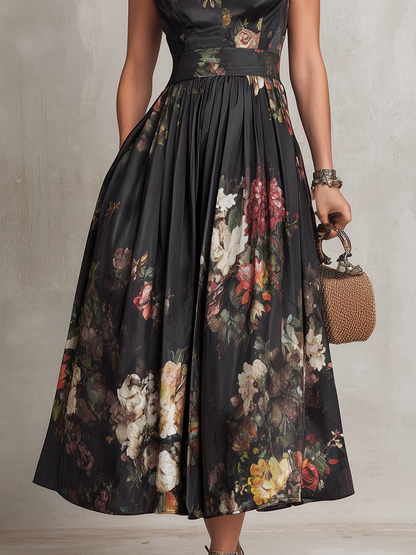 Elegant Black Floral Satin Midi Dress for Women with High Neck Keyhole Cap Sleeve Pleated Flowing Style