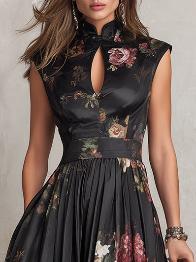 Elegant Black Floral Satin Midi Dress for Women with Mock Neck Cap Sleeve Keyhole Fit and Flare Style