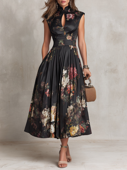 Elegant Black Floral Satin Midi Dress for Women with Mock Neck Cap Sleeve Keyhole Fit and Flare Style