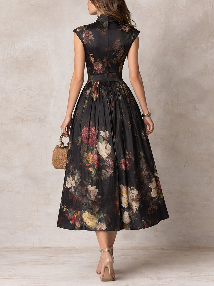 Elegant Black Floral Satin Midi Dress for Women with Mock Neck Cap Sleeve Keyhole Fit and Flare Style