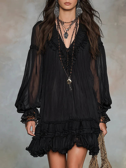 Elegant Black Chiffon Mini Dress for Women with V Neck Balloon Sleeve Tiered Ruffle Bohemian Style
