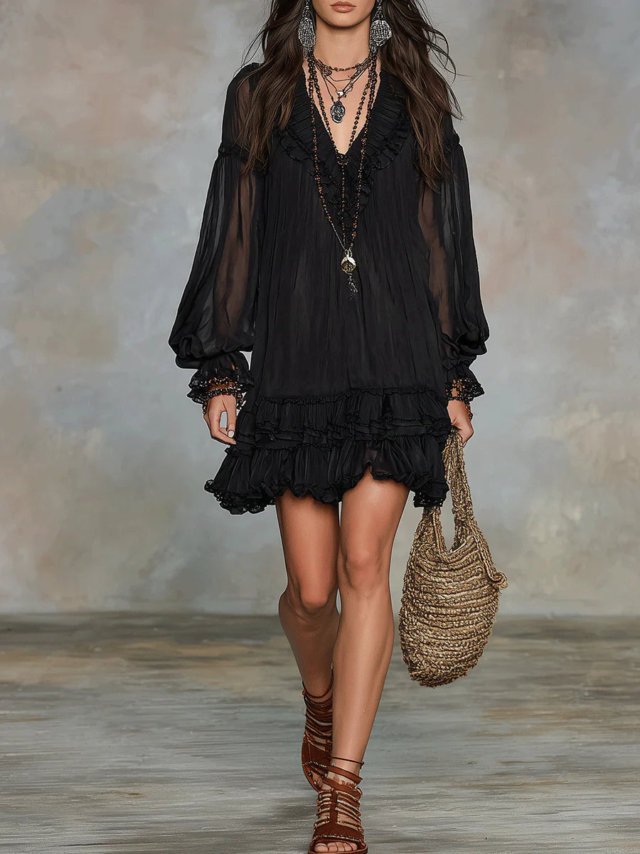 Elegant Black Chiffon Mini Dress for Women with V Neck Balloon Sleeve Tiered Ruffle Bohemian Style