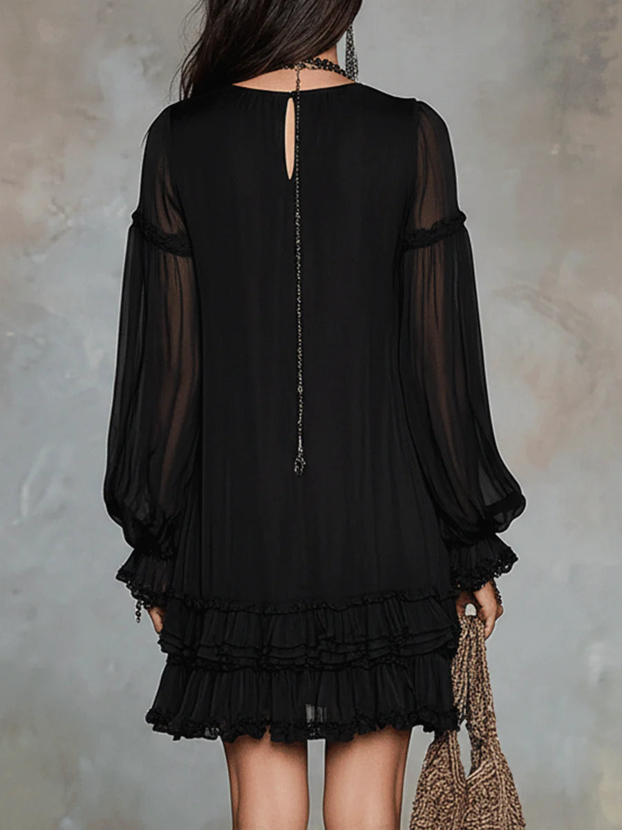 Elegant Black Chiffon Mini Dress for Women with V Neck Balloon Sleeve Tiered Ruffle Bohemian Style