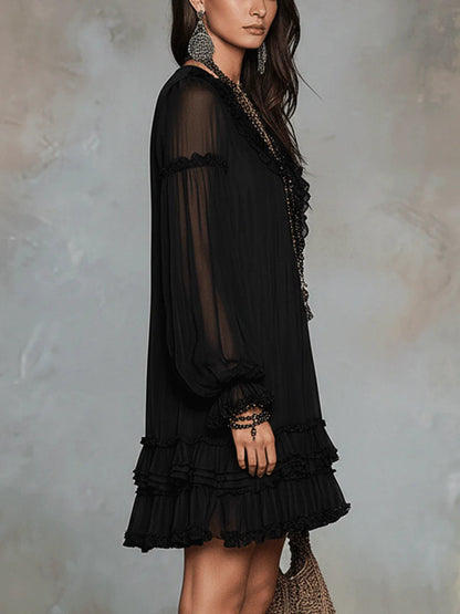 Elegant Black Chiffon Mini Dress for Women with V Neck Balloon Sleeve Tiered Ruffle Bohemian Style