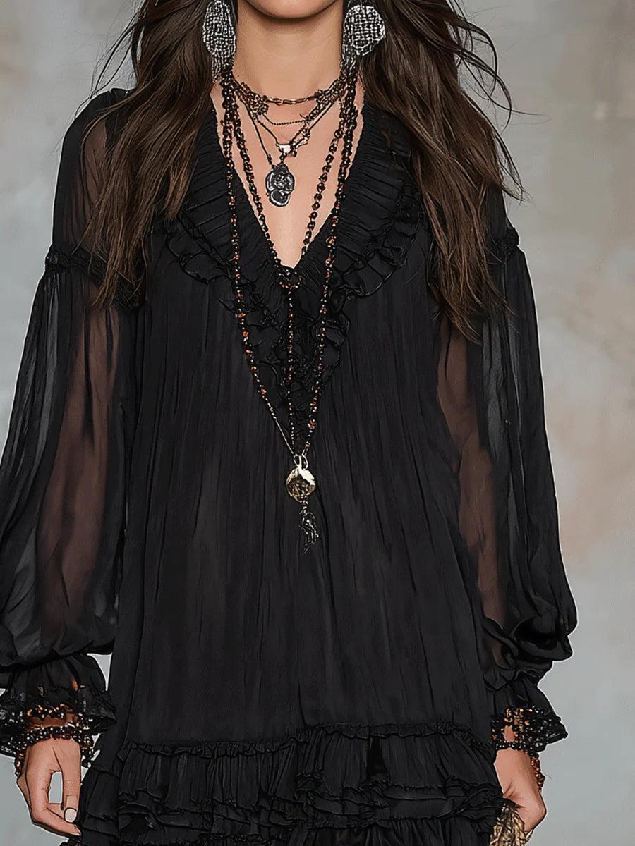 Elegant Black Chiffon Mini Dress for Women with V Neck Balloon Sleeve Tiered Ruffle Bohemian Style