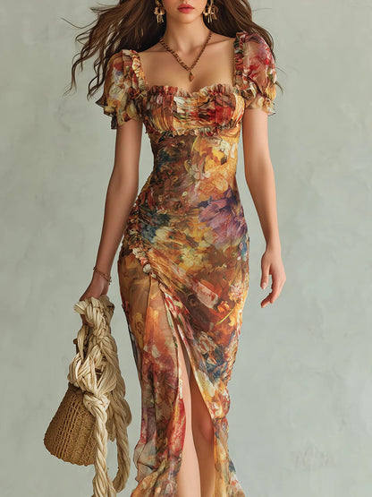 Elegant Orange Floral Maxi Dress for Women with Square Neck Puff Sleeve Ruched High Slit Boho Style