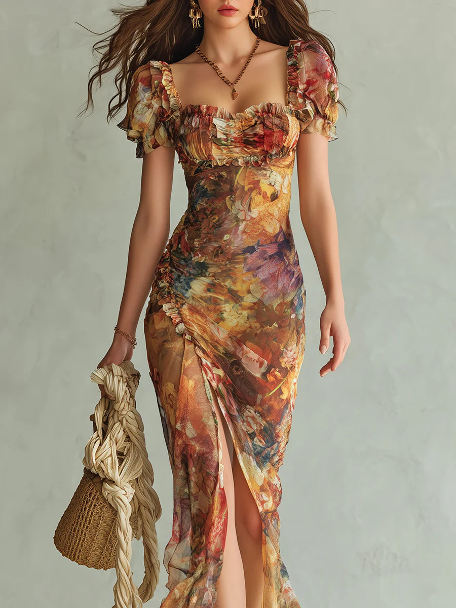 Elegant Orange Floral Maxi Dress for Women with Square Neck Puff Sleeve Ruched Slit Bohemian Style