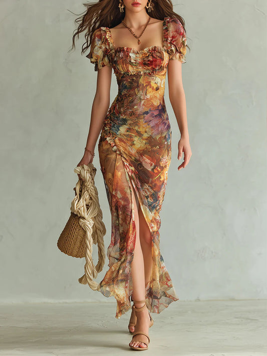 Elegant Orange Floral Maxi Dress for Women with Square Neck Puff Sleeve Ruched Slit Bohemian Style