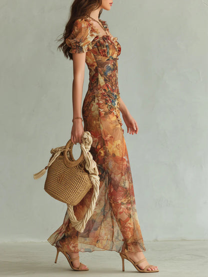 Elegant Orange Floral Maxi Dress for Women with Square Neck Puff Sleeve Ruched High Slit Boho Style
