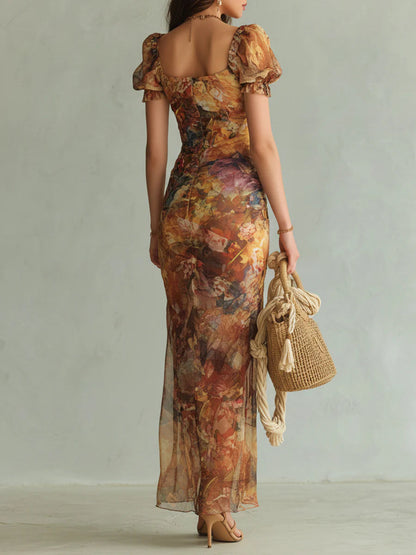 Elegant Orange Floral Maxi Dress for Women with Square Neck Puff Sleeve Ruched High Slit Boho Style