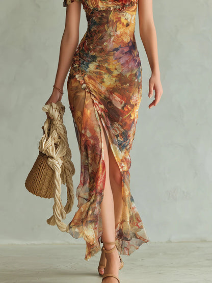Elegant Orange Floral Maxi Dress for Women with Square Neck Puff Sleeve Ruched High Slit Boho Style