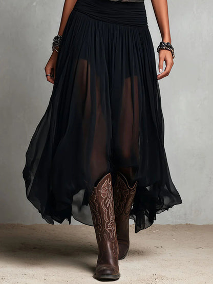 Elegant Black Maxi Dress for Women with Scoop Neck Sleeveless Ruched Waist Sheer Flowing Bohemian Style