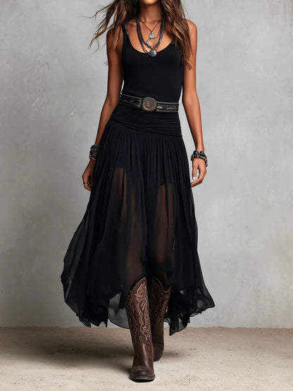 Elegant Black Maxi Dress for Women with Scoop Neck Sleeveless Ruched Waist Sheer Flowing Bohemian Style