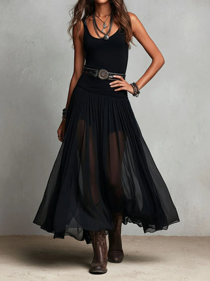 Elegant Black Maxi Dress for Women with Scoop Neck Sleeveless Ruched Waist Sheer Flowing Bohemian Style