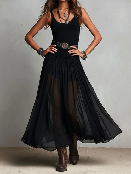 Elegant Black Maxi Dress for Women with Scoop Neck Sleeveless Ruched Waist Sheer Flowing Bohemian Style