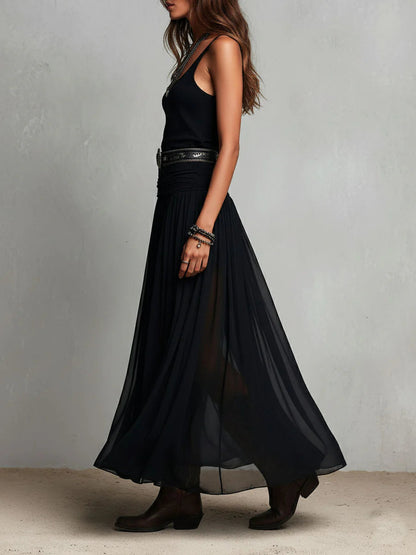 Elegant Black Maxi Dress for Women with Scoop Neck Sleeveless Ruched Waist Sheer Flowing Bohemian Style
