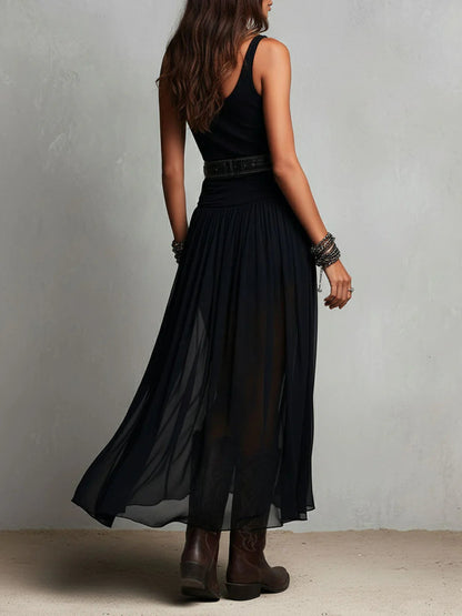 Elegant Black Maxi Dress for Women with Scoop Neck Sleeveless Ruched Waist Sheer Flowing Bohemian Style