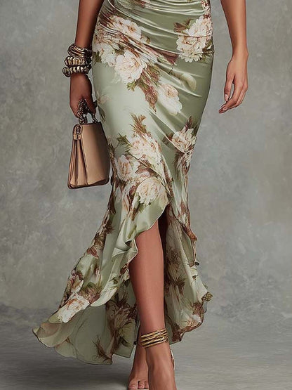 Elegant Green Floral Cocktail Dress for Women with V Neck Bell Sleeve Ruffle Mermaid Style