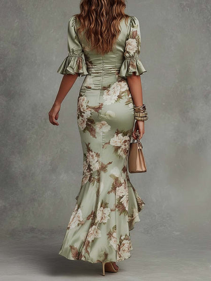 Elegant Sage Green Floral Maxi Dress for Women with V Neck Flutter Sleeve Ruched High Low Ruffle Style