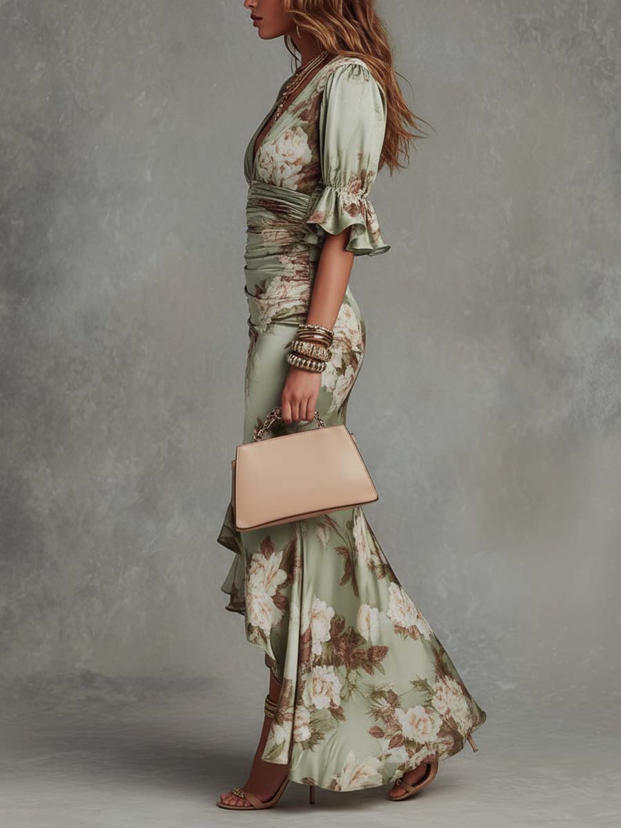 Elegant Sage Green Floral Maxi Dress for Women with V Neck Flutter Sleeve Ruched High Low Ruffle Style