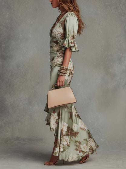 Elegant Sage Green Floral Maxi Dress for Women with V Neck Flutter Sleeve Ruched High Low Ruffle Style