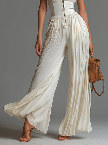 Elegant White Pleated Jumpsuit for Women with High Neck Sleeveless Corset Waist Wide Leg Flowing Style