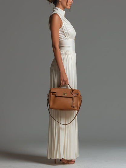 Elegant White Pleated Jumpsuit for Women with High Neck Sleeveless Corset Waist Wide Leg Flowing Style
