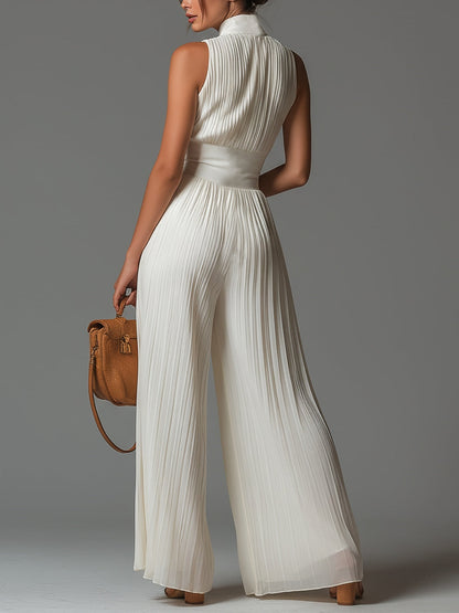 Elegant White Pleated Jumpsuit for Women with High Neck Sleeveless Corset Waist Wide Leg Flowing Style