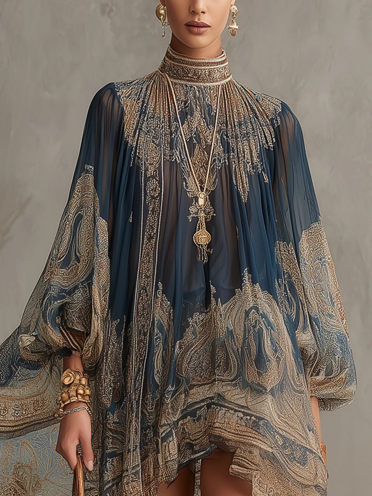 Elegant Navy Paisley Mini Dress for Women with High Neck Balloon Sleeve Embellished Flowing Style