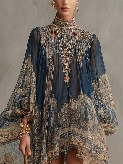 Elegant Navy Paisley Mini Dress for Women with High Neck Balloon Sleeve Embellished Flowing Style