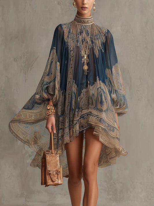 Elegant Navy Paisley Print Mini Dress for Women with High Neck Balloon Sleeve High Low Bohemian Style