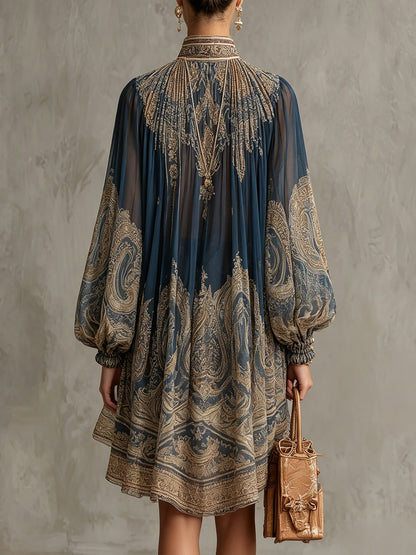Elegant Navy Paisley Print Mini Dress for Women with High Neck Balloon Sleeve High Low Bohemian Style